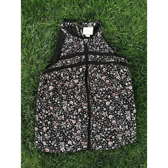 Maeve Anthropologie Tank Top Women's Size S Black with Floral Print Lace Trim - Picture 1 of 3